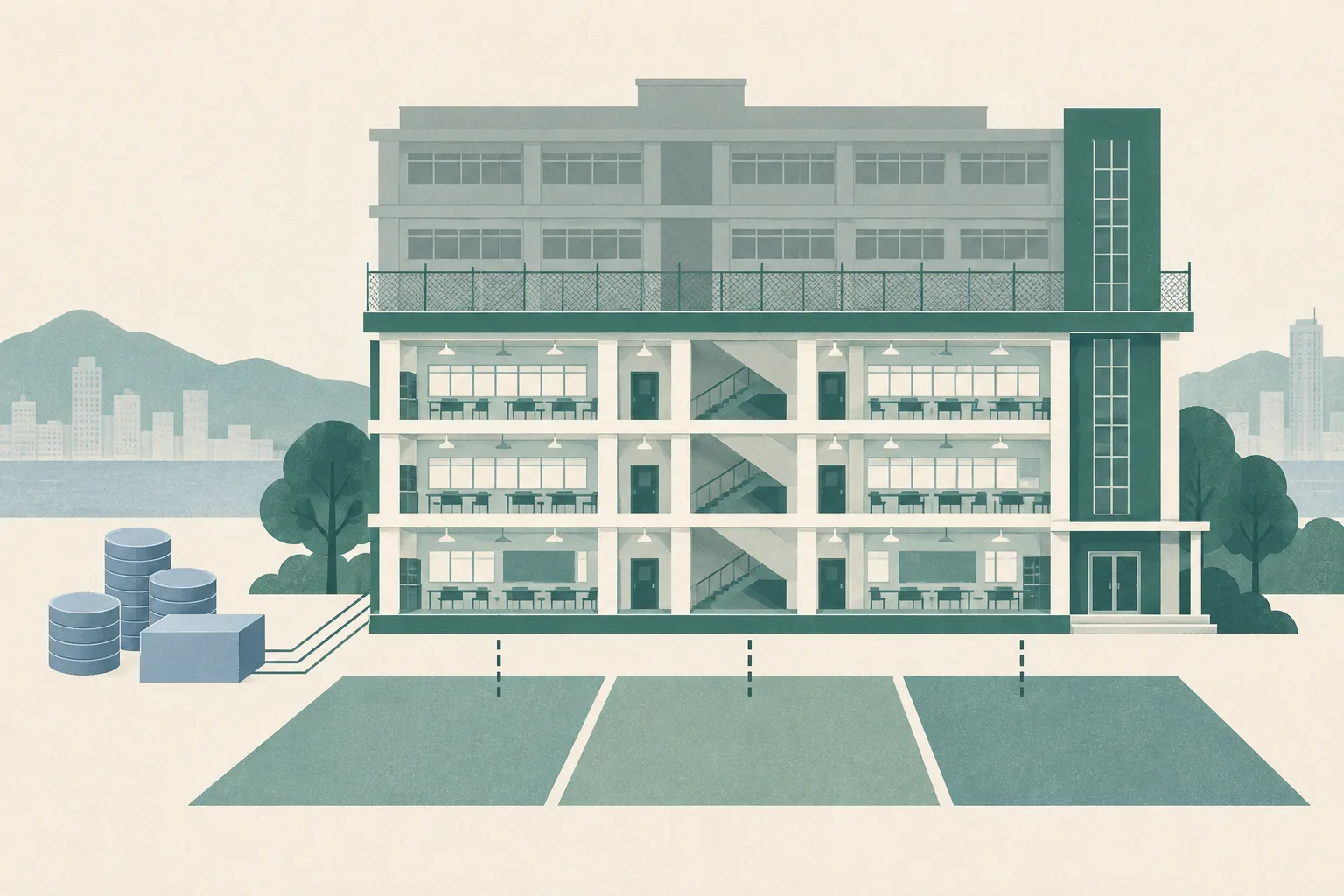A flat paper-cut illustration of a multi-storey school building divided into stacked floor bands, with a neutral access boundary across the upper levels, abstract donation blocks near the foundation, and three ground parcels beneath it in muted blue, teal, ochre and coral.