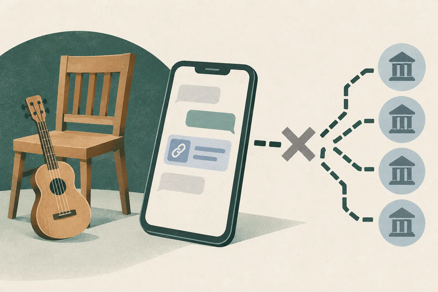 Close-detail cut-paper still life of a second-hand chair and musical instrument beside a generic smartphone, with an abstract unverified payment link and an interrupted path leading to four small transfer tokens.