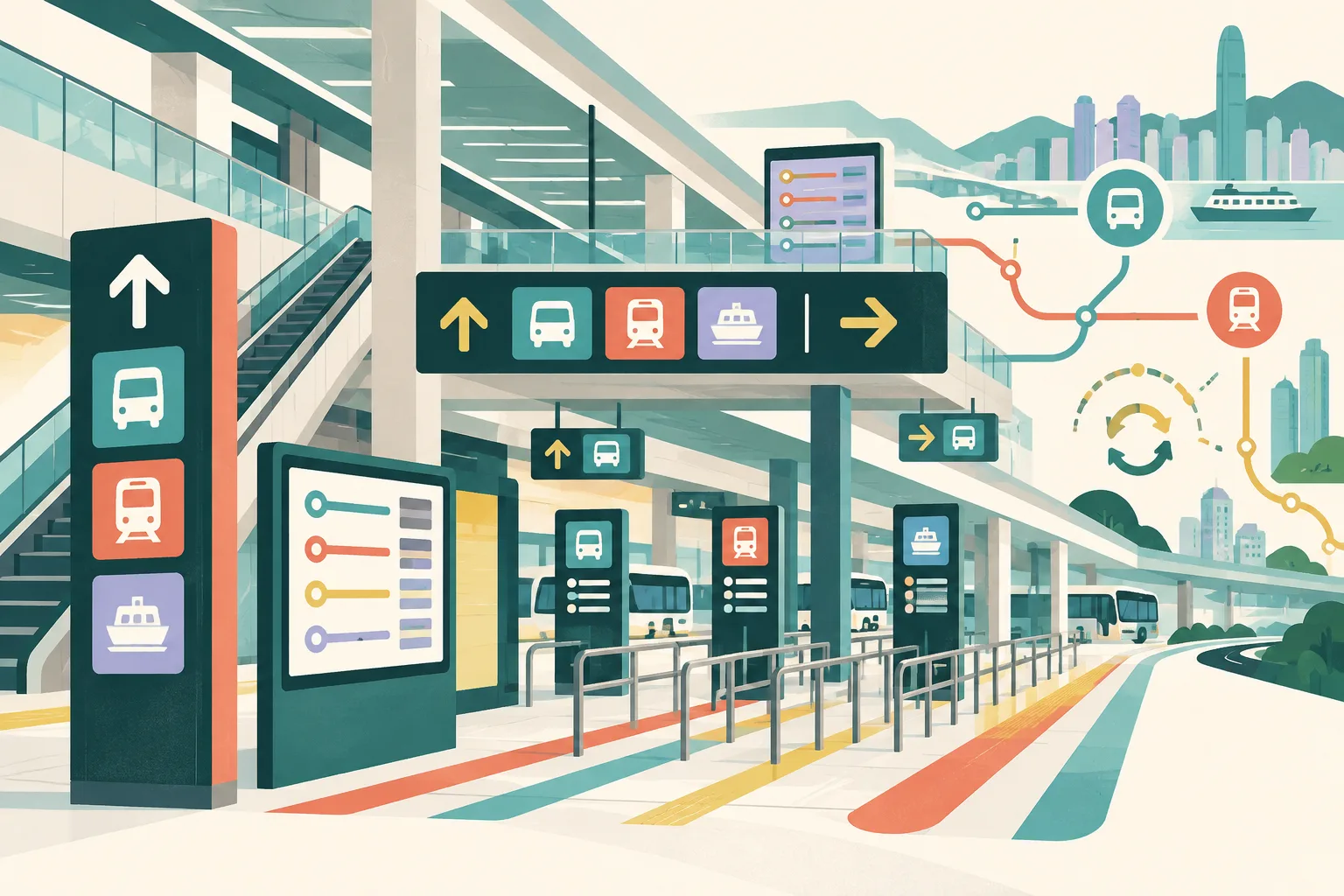 Flat cut-paper illustration of a new public transport interchange with route display screens, directional sign panels, transport icons, branching connection lines and orderly queue rails across a simplified two-level concourse.