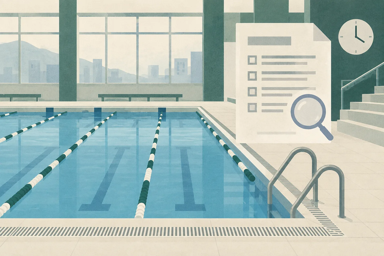 A quiet cut-paper illustration of an empty indoor swimming pool with geometric lane ropes, a pool edge, and a translucent inspection panel suggesting an ongoing investigation.