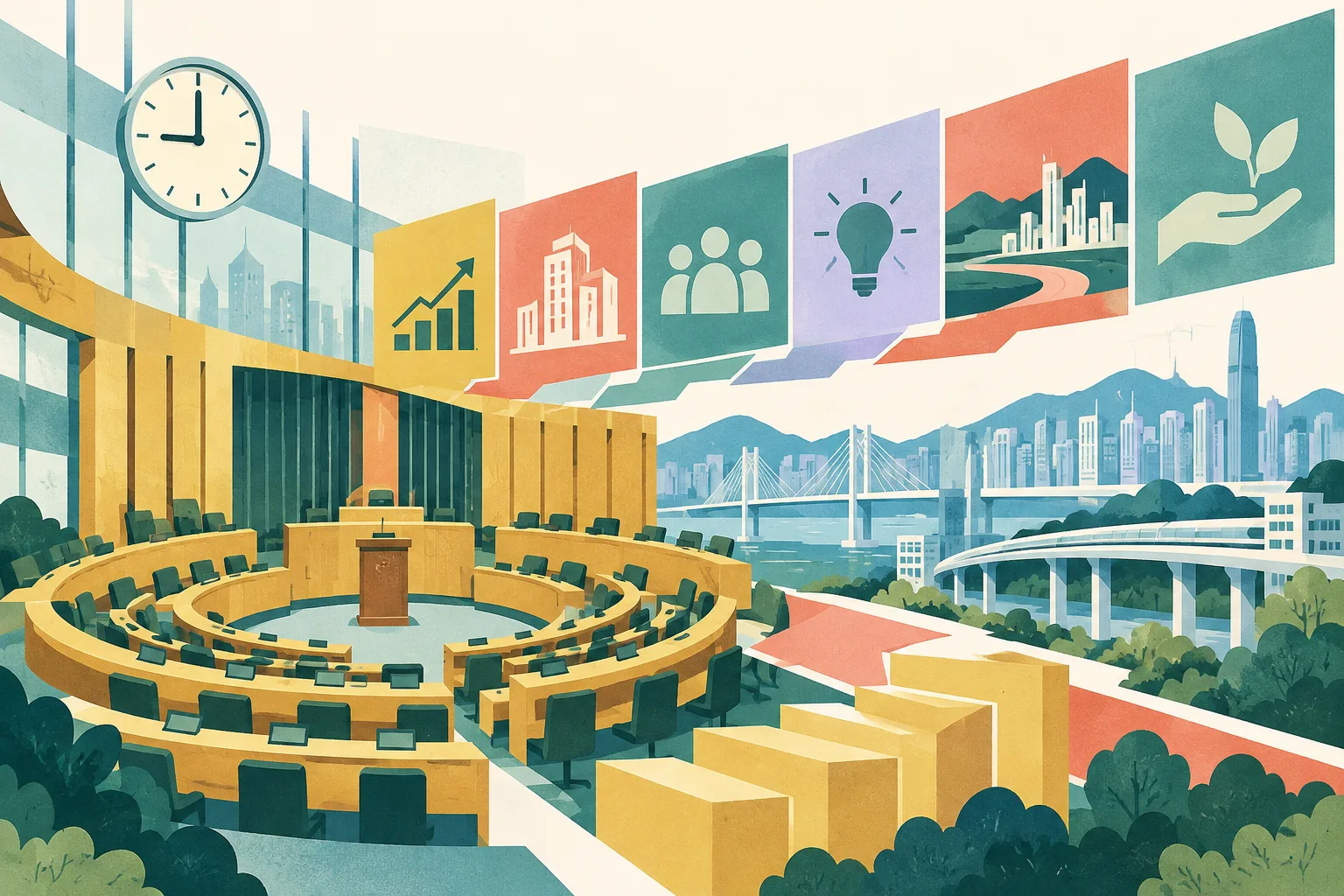 A cut-paper civic collage of a simplified debating chamber, six connected agenda panels, a five-step structure, a small clock, and abstract city and infrastructure forms in ochre, blue, teal, coral and lime.