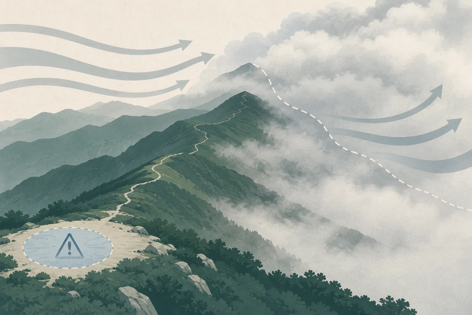 An abstract diagram shows a mountain ridge fading into layered cloud, with directional wind bands and a small risk-assessment marker near the launch area.