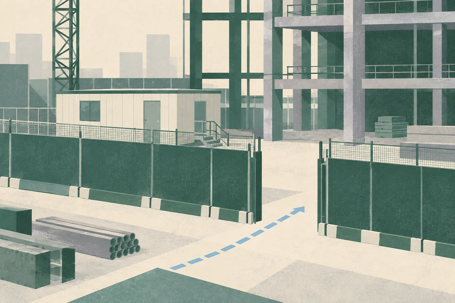 A restrained architectural diagram of a fenced construction site with unfinished structural forms, a small temporary office and an interrupted access line.