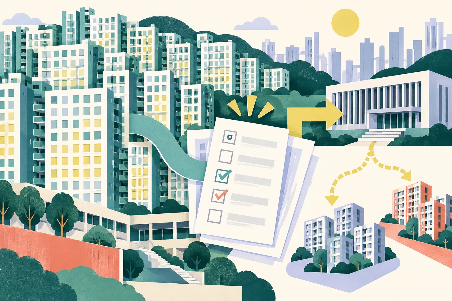 A cut-paper collage of simplified residential towers with pale unit grids, blank survey sheets, and geometric connectors leading toward a civic briefing panel, with branching housing blocks suggesting possible future programme alternatives.