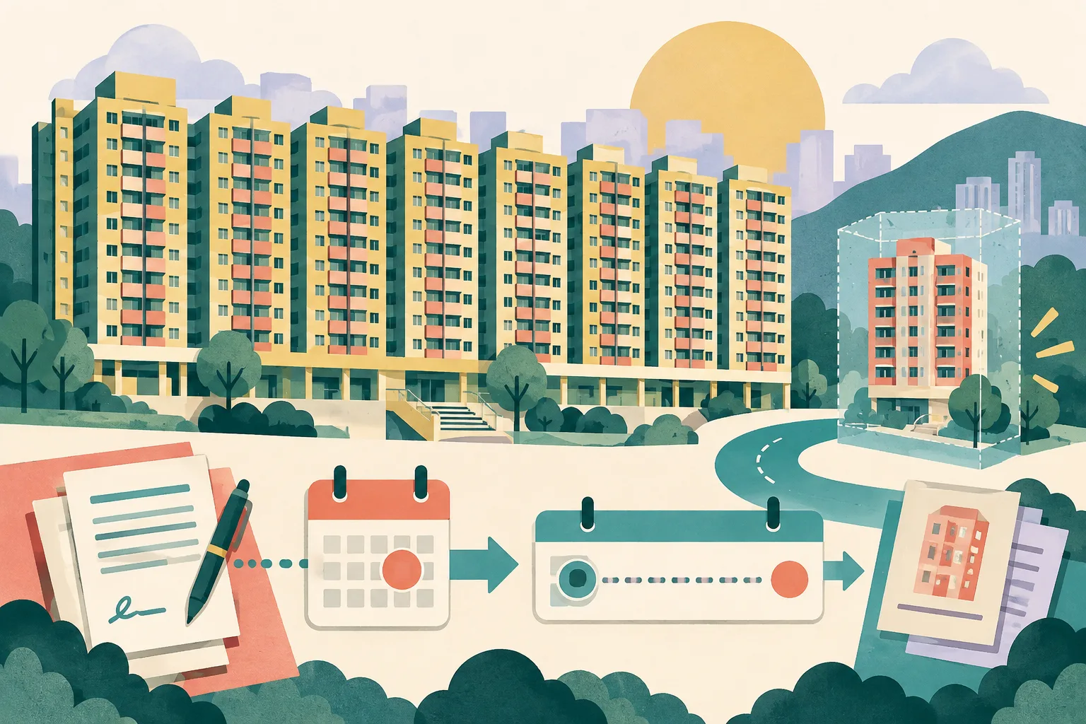 A cut-paper illustration of a simplified eight-section public housing estate beside two geometric timeline bands, marking 15 October and a later late-November selection period, with a reserved replacement block shown behind a translucent boundary.