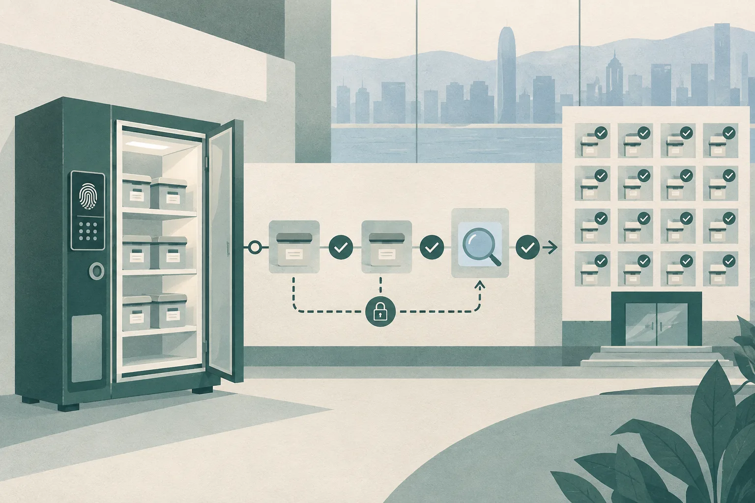A flat architectural collage of a laboratory storage cabinet with biometric locks, sealed sample containers, verification checkpoints and an inspection panel arranged in a clear geometric system.