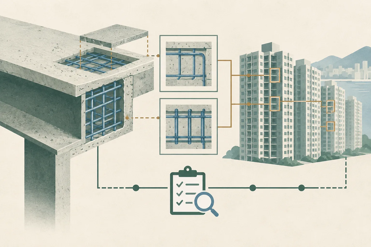 Abstract cutaway diagram of a concrete beam and floor slab beside an approved-plan grid, with an inspection frame extending toward several simplified residential blocks.