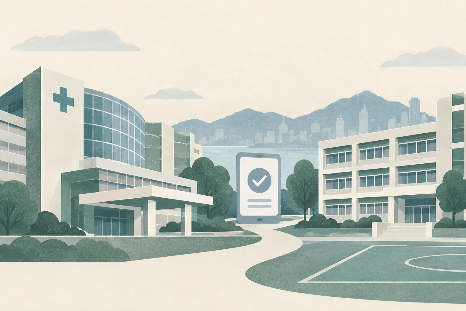A quiet cut-paper collage shows a simplified hospital wing, a separate school building, and an unlabelled electronic consent panel connected by a restrained geometric route.