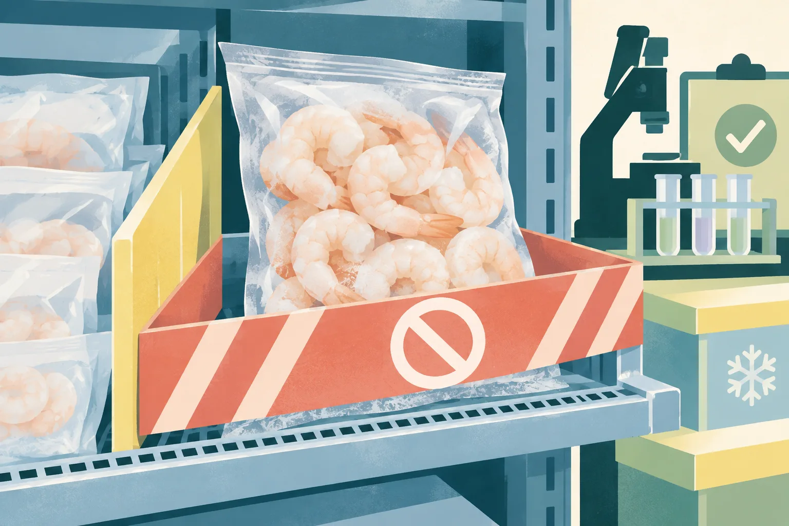 A generic sealed packet of frozen peeled white shrimp sits apart from other items on a simplified blue cold-storage shelf, marked by a soft coral withdrawal band and small abstract testing symbols.