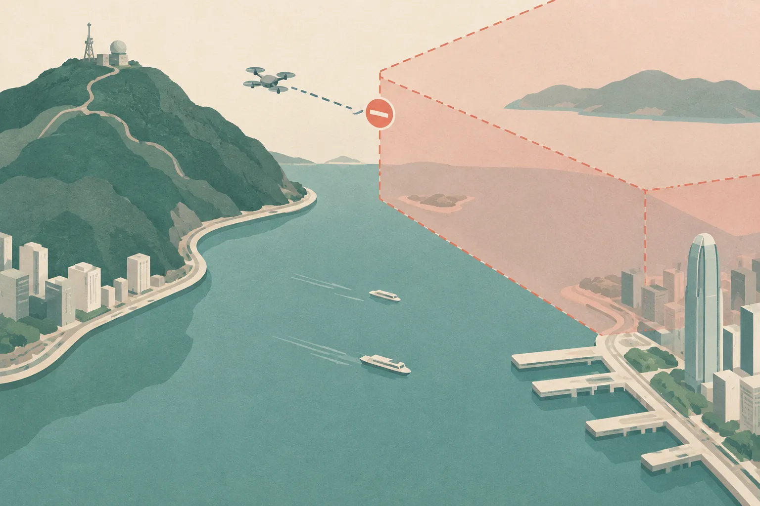 A cut-paper diagram shows a Hong Kong hilltop beside layered harbour water and a waterfront strip, enclosed by a translucent restricted-airspace boundary. A small generic drone shape sits beside an interrupted route line and a permission marker.