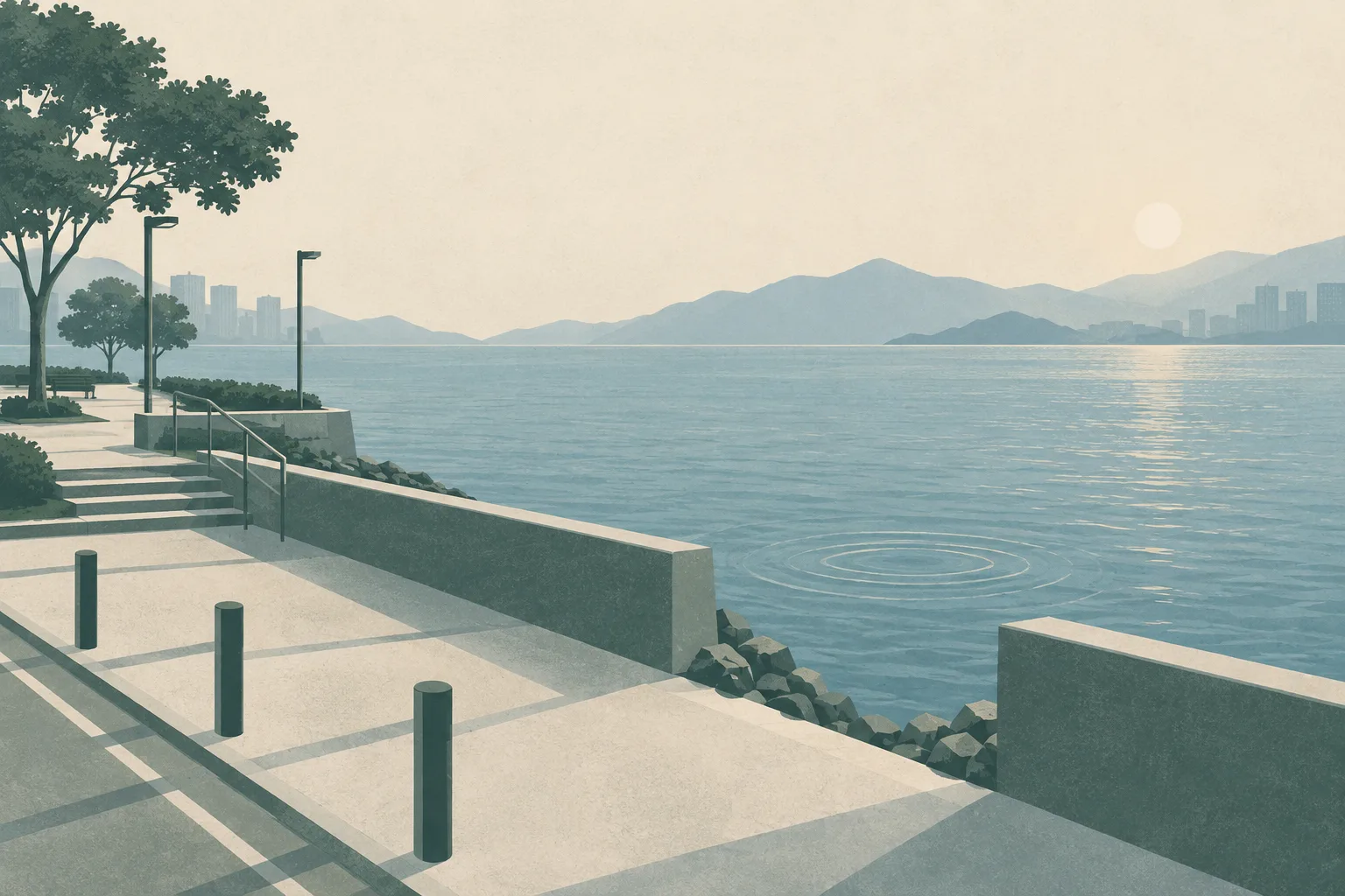 A simplified early-morning view of an empty waterfront park, with a seawall, promenade, open sea, and a quiet interruption in the shoreline boundary.