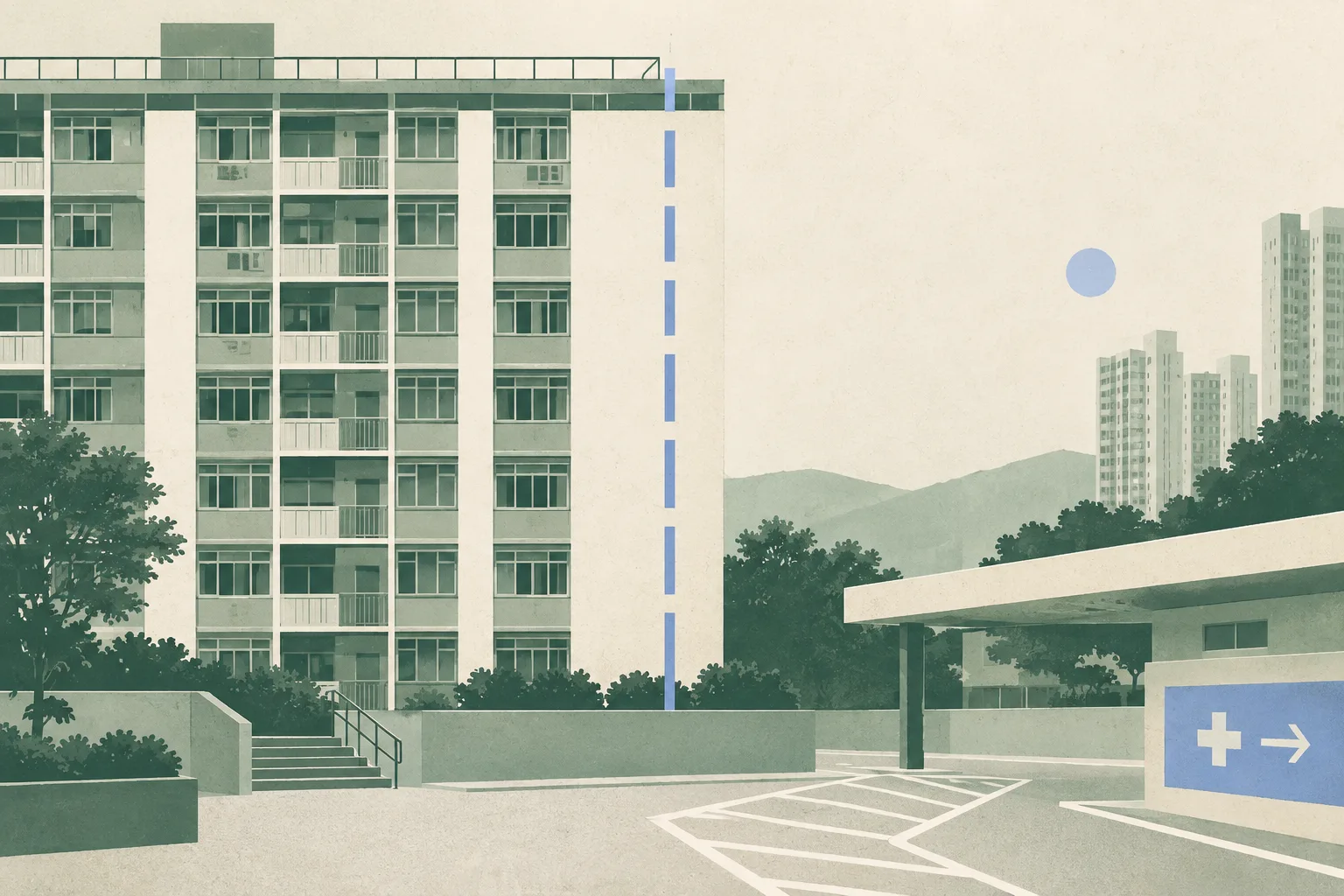 A quiet cut-paper illustration of a high-rise public housing facade at dawn, with a rooftop edge, a ground-level forecourt, an interrupted vertical line, and restrained ambulance and hospital access shapes. No people are shown.