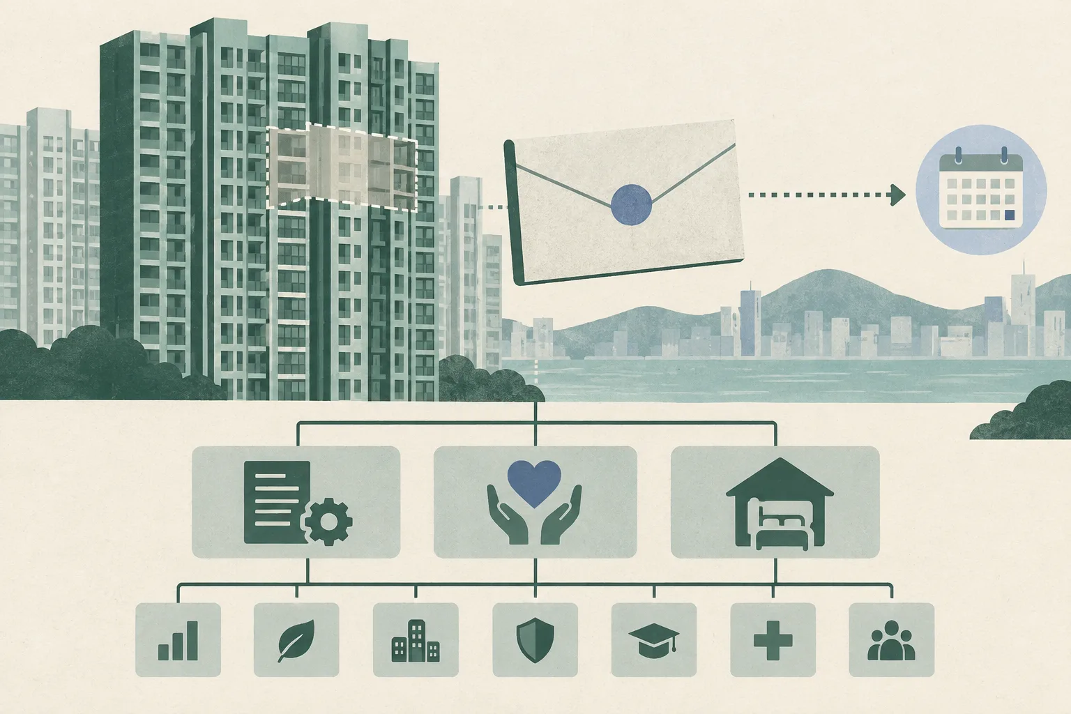 A restrained cut-paper civic diagram shows a simplified residential tower grid, a closed report envelope approaching a late-October timeline marker, three connected work-group panels, and seven small reform tabs.