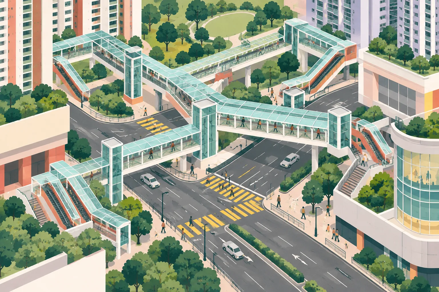 A cut-paper style urban elevation shows a covered pedestrian bridge crossing above a simplified road junction and linking housing blocks, a park, a station development and a shopping centre. Repeated lift, escalator and stair forms sit along the route, with existing ground-level crossings still open