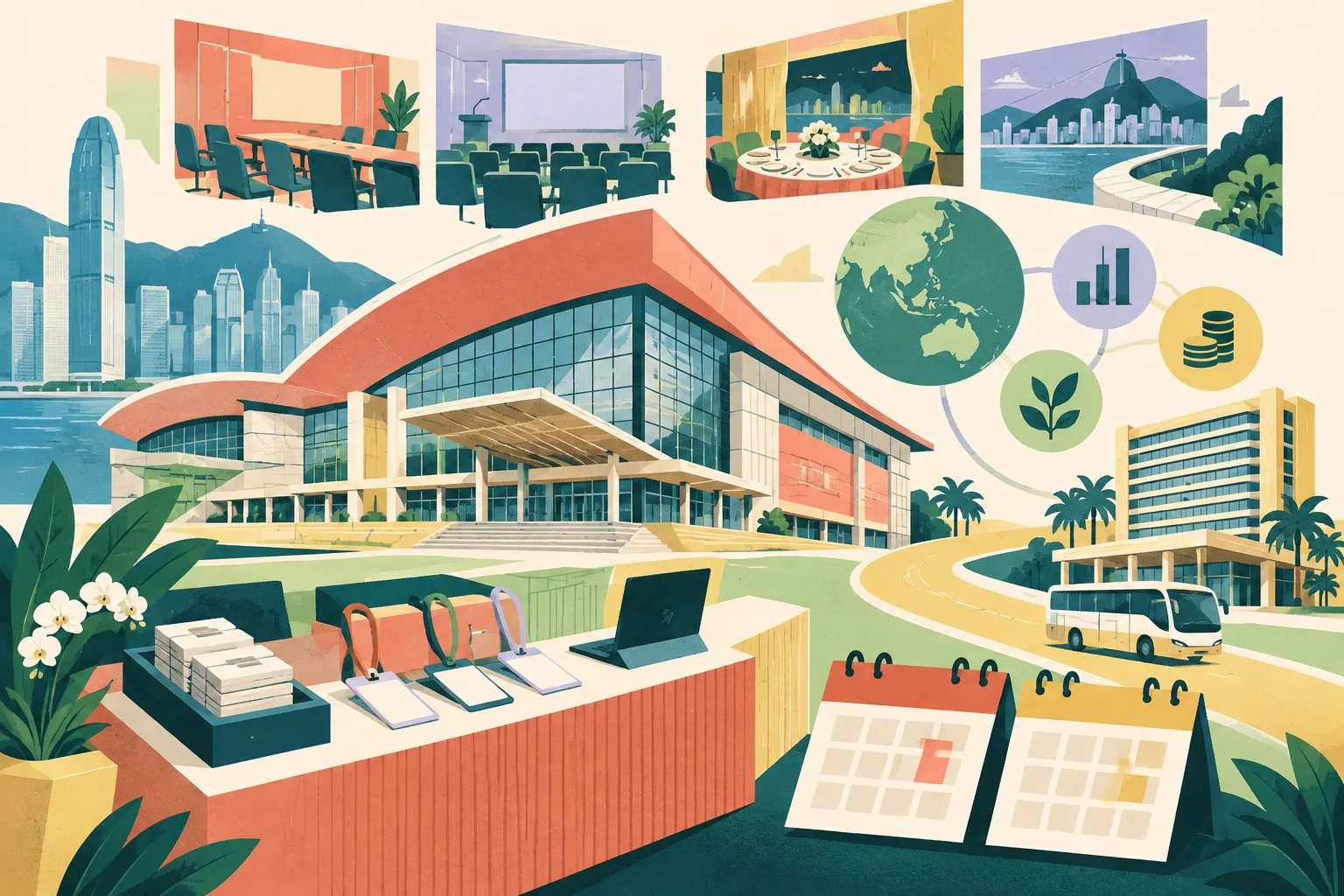 A flat cut-paper illustration of a Hong Kong conference venue linked to a hotel, shuttle and reception canopy, with registration cards, two calendar blocks and abstract discussion panels arranged in a colourful geometric collage.