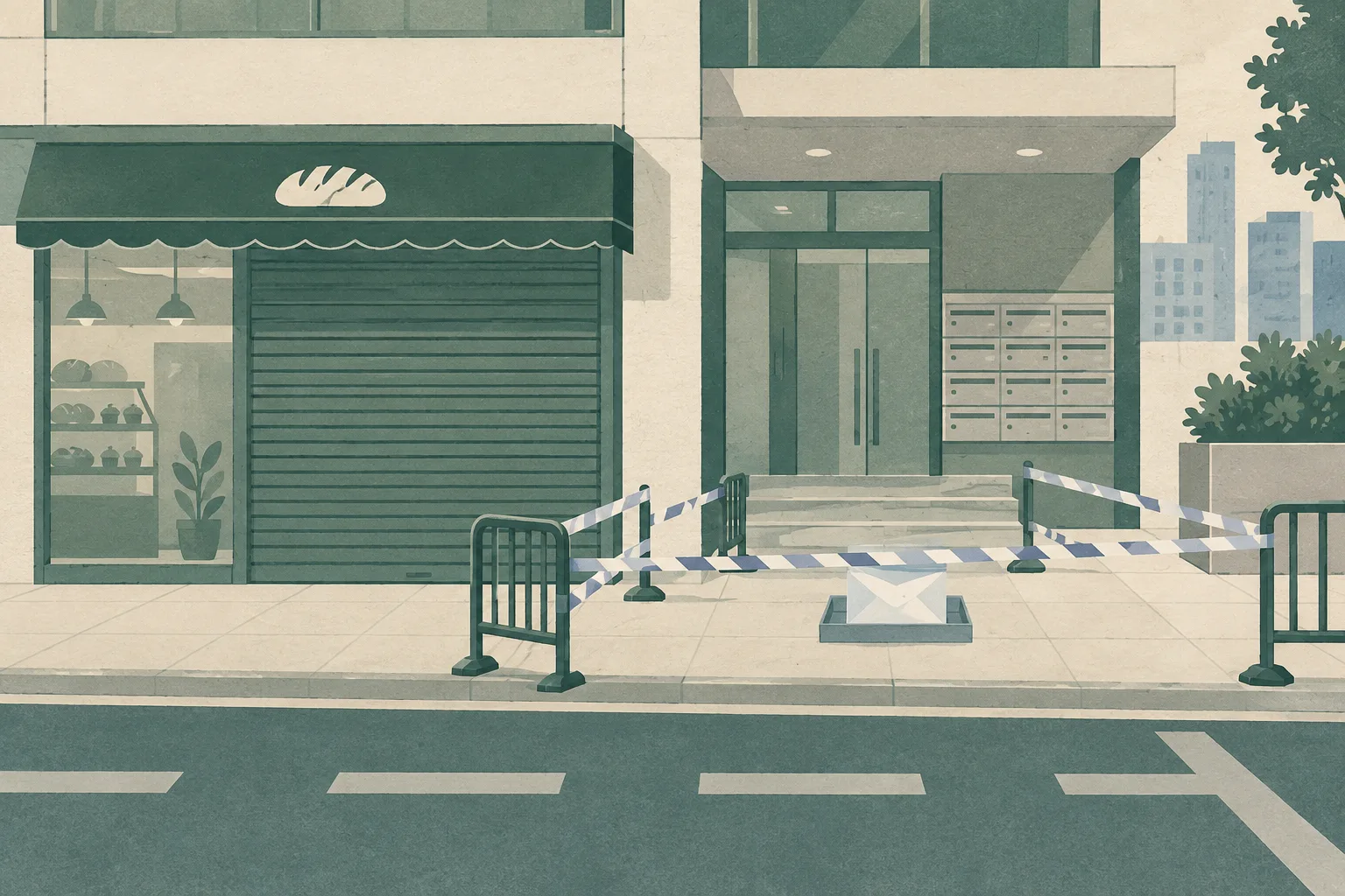 Flat cut-paper illustration of a commercial building entrance with a closed bakery frontage, a sealed mailbox area, an unattended envelope, an evidence container, and road barriers marking a temporary closure.