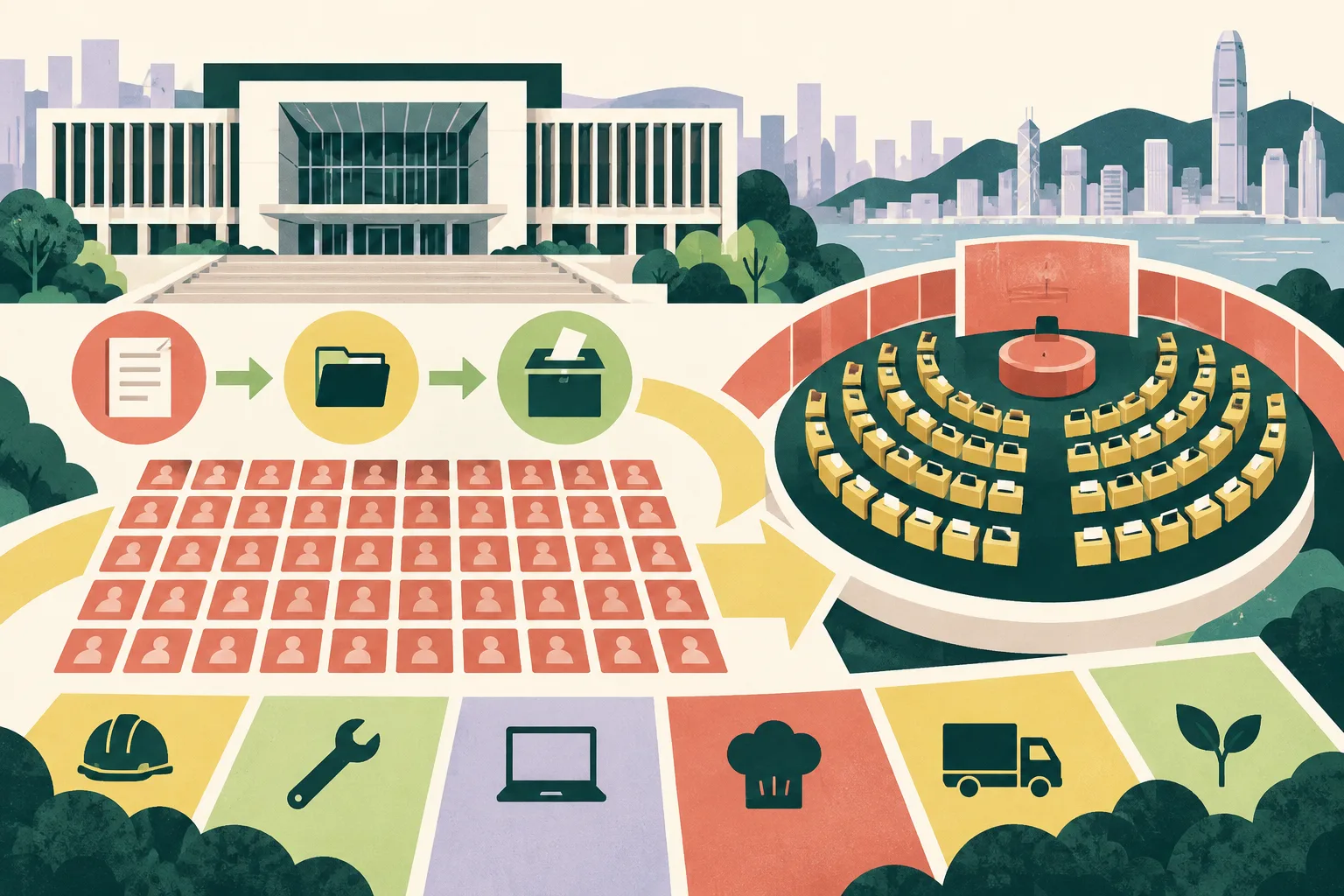A cut-paper civic building connects to an organised grid of abstract labour-sector tiles and a larger circular seat diagram, with three geometric markers suggesting election stages. Soft coral, mineral blue, dusty teal and muted ochre shapes create a lively but measured composition.