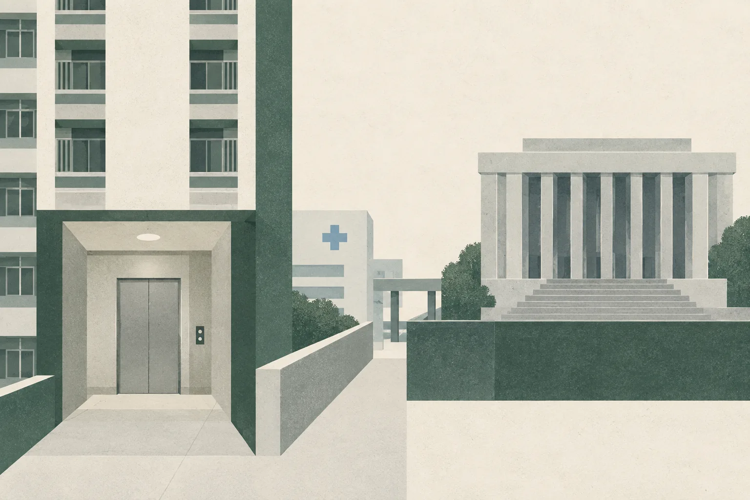 A restrained cut-paper illustration shows a simplified apartment facade with closed elevator doors and an interrupted pathway leading toward a quiet courthouse-like block, using muted blue and stone-coloured shapes.