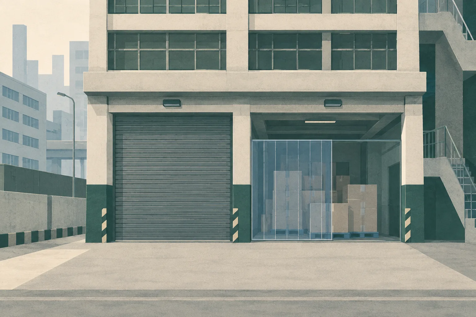 Flat cut-paper illustration of a generic urban warehouse facade with a closed loading shutter and a translucent inspection boundary around a small group of plain sealed forms in a storage bay; no people or lettering are visible.