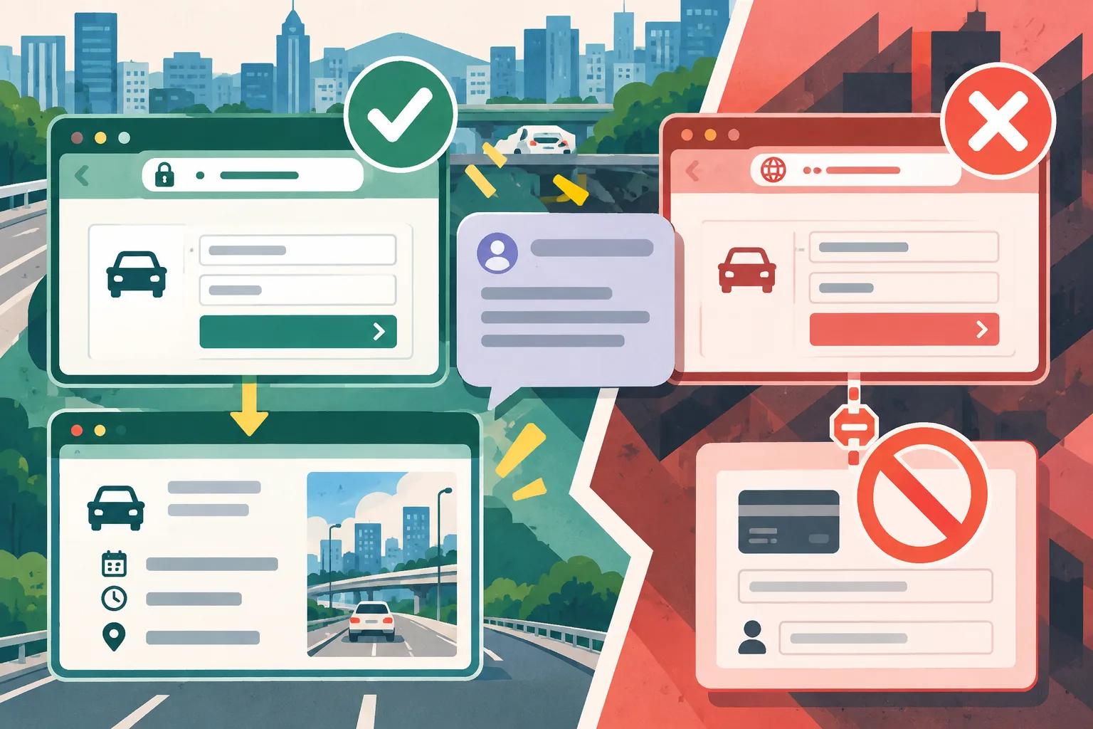 A geometric verification diagram shows a genuine electronic traffic-ticket route beside a blocked imitation, with a message card, ticket details, a government-domain marker, and a payment-information panel stopped before submission.