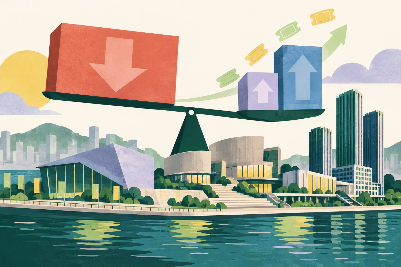 A cut-paper waterfront cultural district balances a large coral financial block against blue visitor and revenue shapes, with simplified museums, a four-part performance venue, office towers, residential buildings and retail forms arranged in a lively geometric composition.