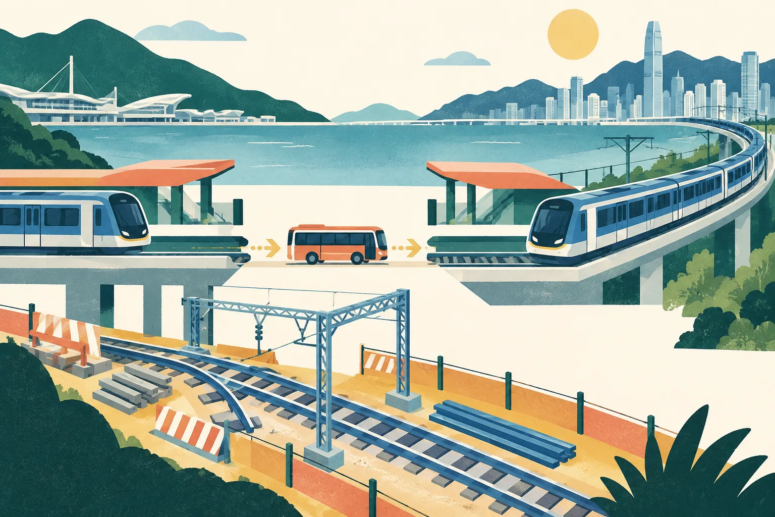 A cut-paper illustration of a rail junction where a shuttle bus bridges an interrupted track segment while another track continues toward the city, with a geometric turnout and new track pieces suggesting planned extension works.