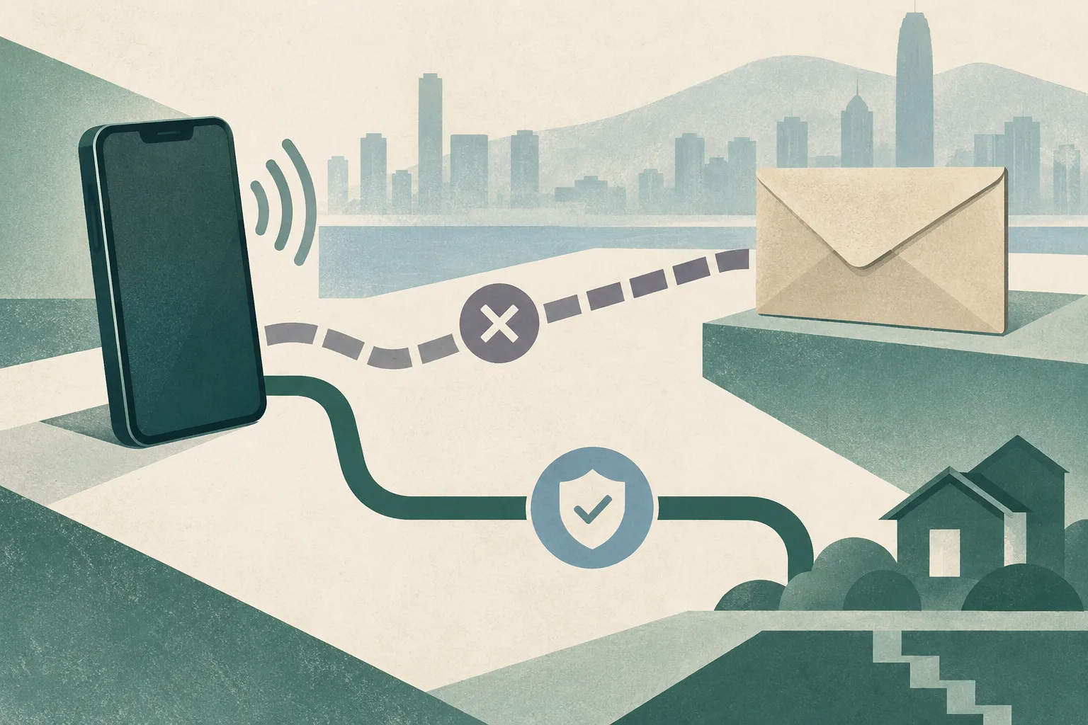 An unmarked smartphone and sealed envelope sit within a quiet geometric diagram, where one broken path contrasts with a clear route toward a verification point.