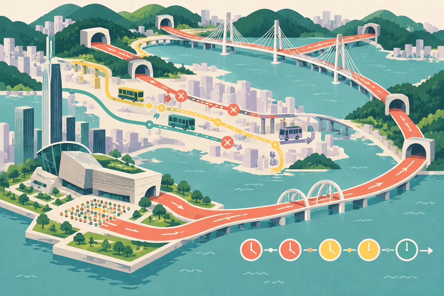Abstract cut-paper transport diagram showing a coral cycling route linking a cultural-district block, tunnel portals and bridge spans, with blue and ochre transit lines diverting around phased closure gaps.