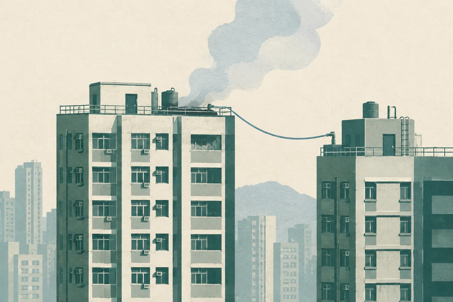 Flat cut-paper illustration of a high-rise rooftop beside a neighbouring building, with a single hose line directed toward a small extinguished rooftop area and soft smoke shapes fading above the buildings.