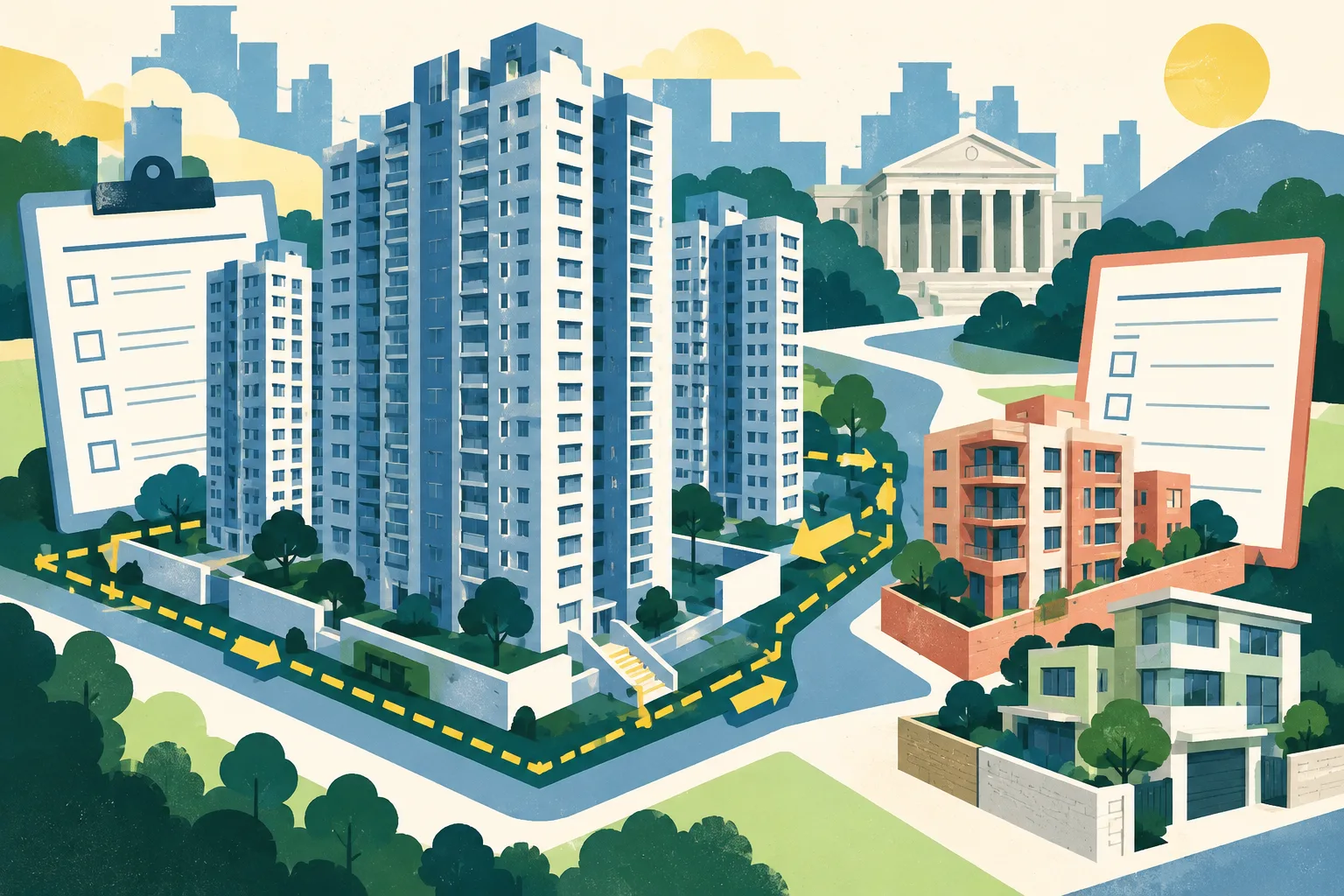 Flat cut-paper illustration of public-housing towers, smaller residential blocks and blank asset-declaration forms connected by geometric lines, with a boundary around one housing block and a simple civic building in the background.