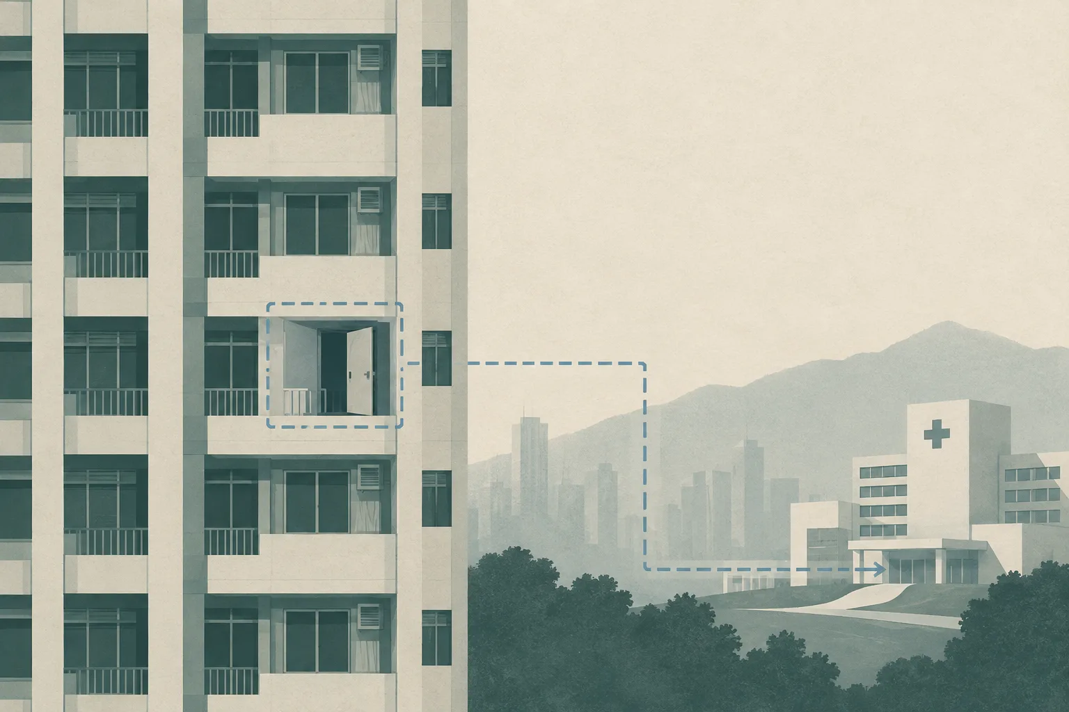 A quiet cut-paper illustration of a generic Hong Kong apartment tower with one interrupted doorway and a thin line leading toward a small hospital building. No people or lettering are shown.