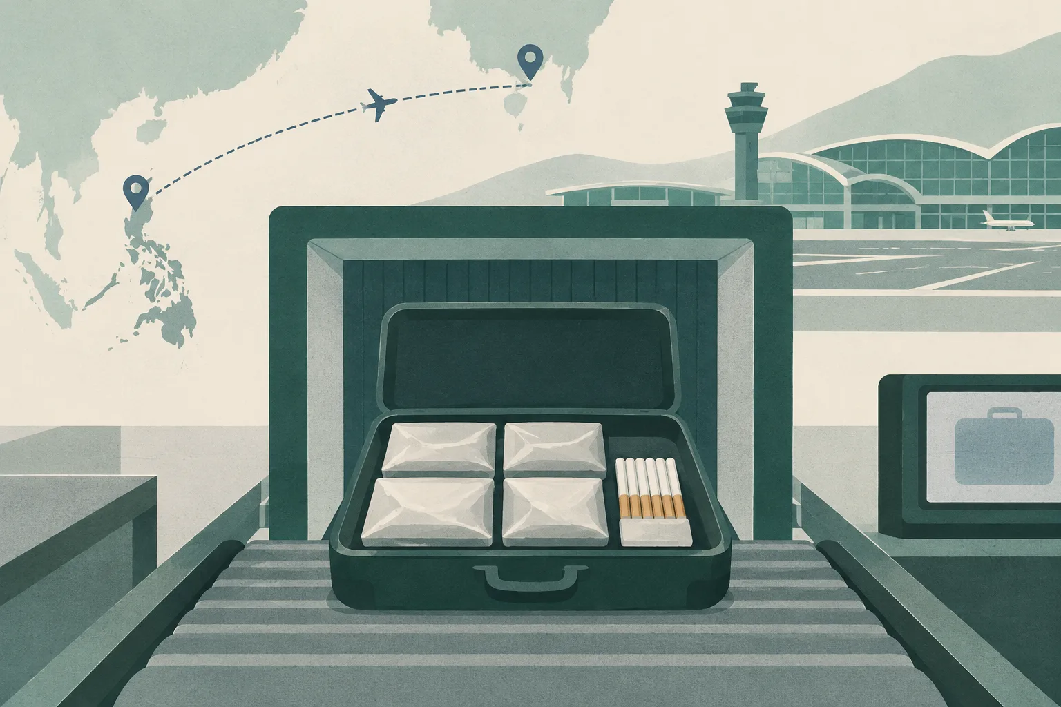 An abstract airport customs-screening diagram shows a piece of hand luggage containing neutral sealed packets and a small group of cigarettes, with a restrained route line connecting Manila and Hong Kong.