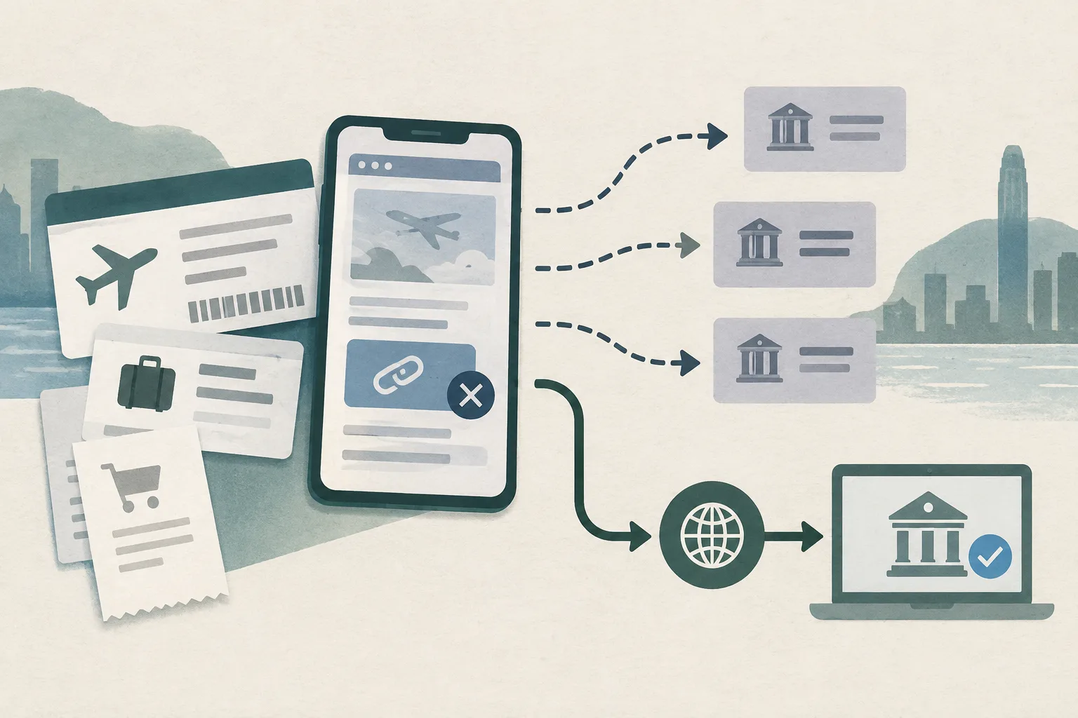 A cut-paper diagram shows an abstract travel ticket beside a phone with a broken webpage pathway, repeated arrows leading to separate account nodes, and a detached route ending at an official verification symbol.