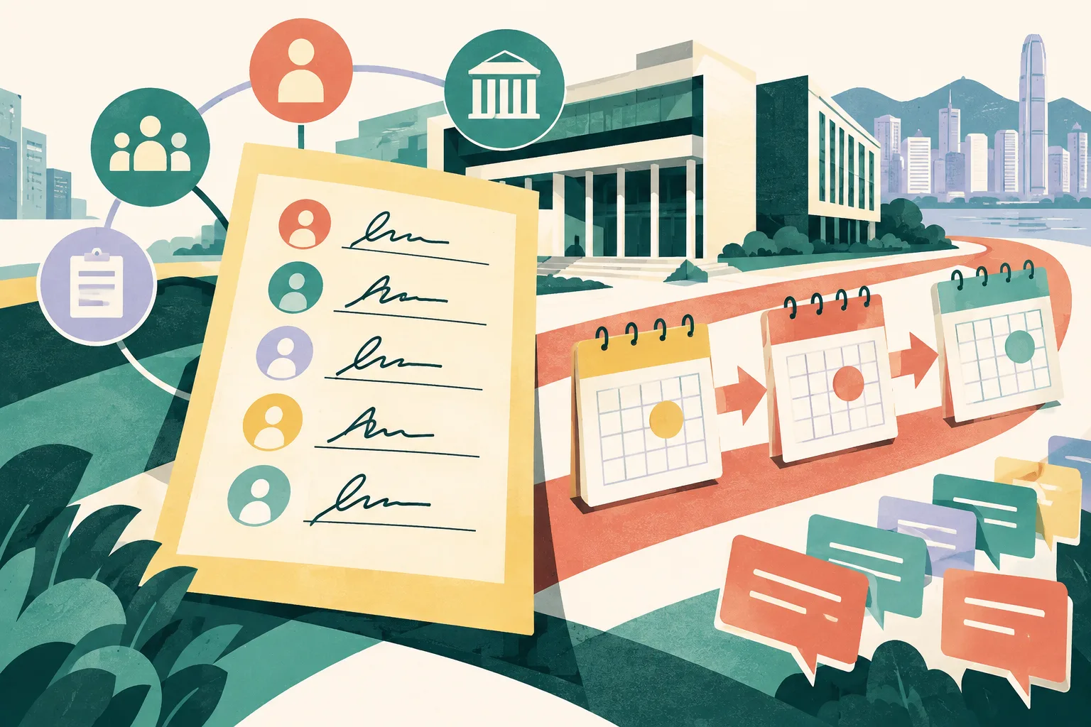 A cut-paper civic diagram shows a simplified administration building, an oversized nomination form with five signature marks, linked voter nodes, district information cards and a calendar pathway toward a polling marker.