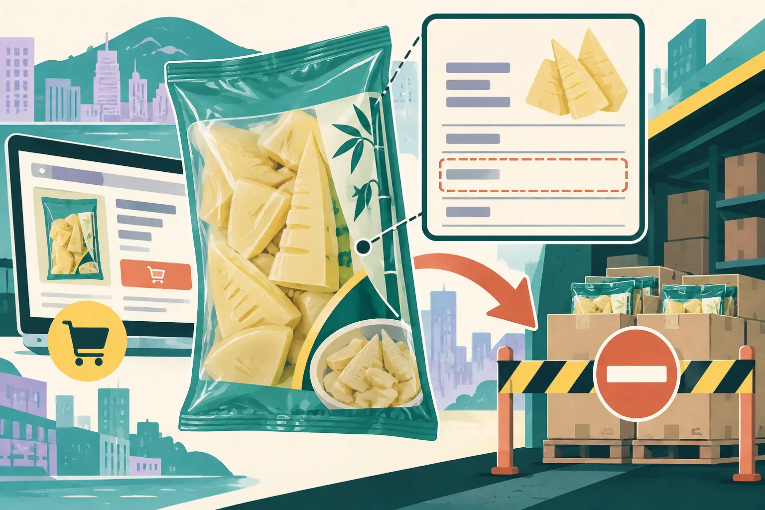 Diagrammatic illustration of a sealed bamboo-shoot food pack, an enlarged label panel with a blank additive-information field, and a retail listing tile connected to a separated batch-recall area by directional arrows.