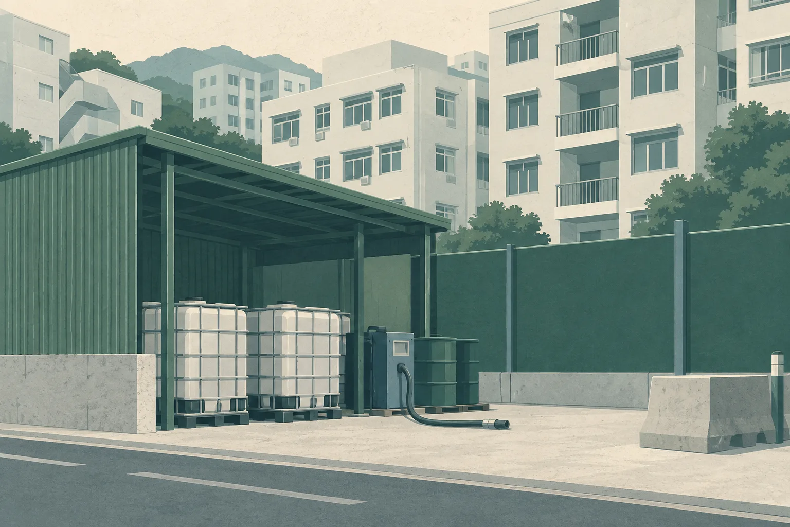 A flat graphic collage shows a small unmarked roadside fuel enclosure with sealed containers and a disconnected transfer hose behind a boundary, positioned close to simplified residential apartment blocks.