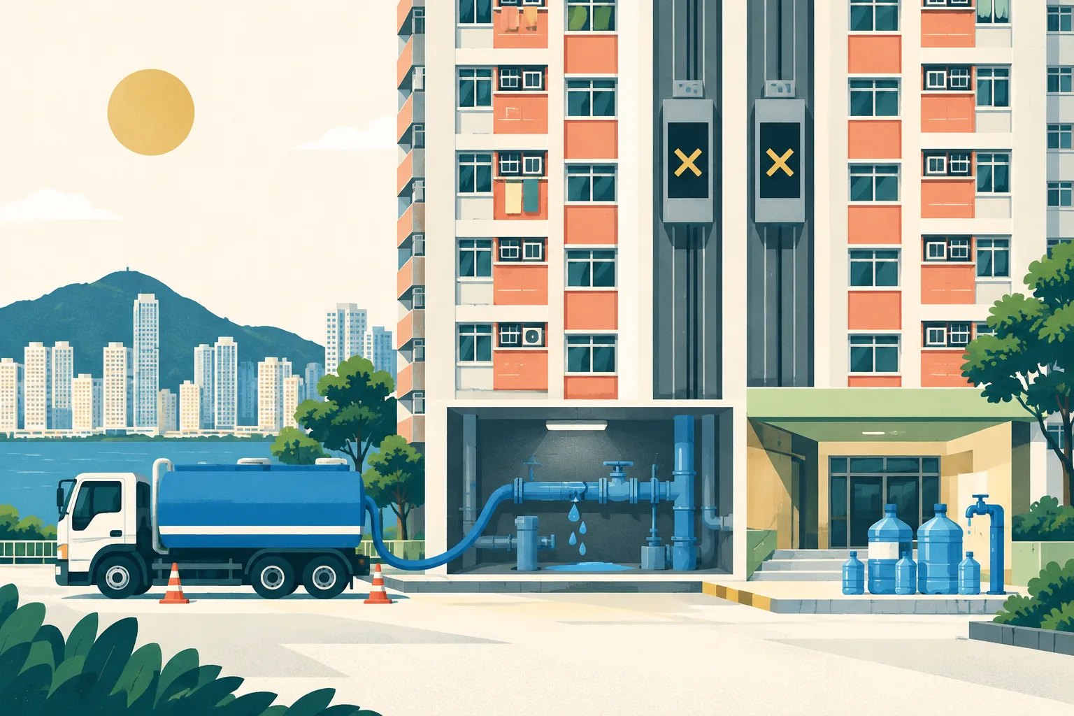 A cut-paper illustration of a Hong Kong public-housing block with a ground-floor pipe room, a small leaking pipe, two inactive lift shafts, bottled water near a lobby tap, and a water truck providing temporary supply.