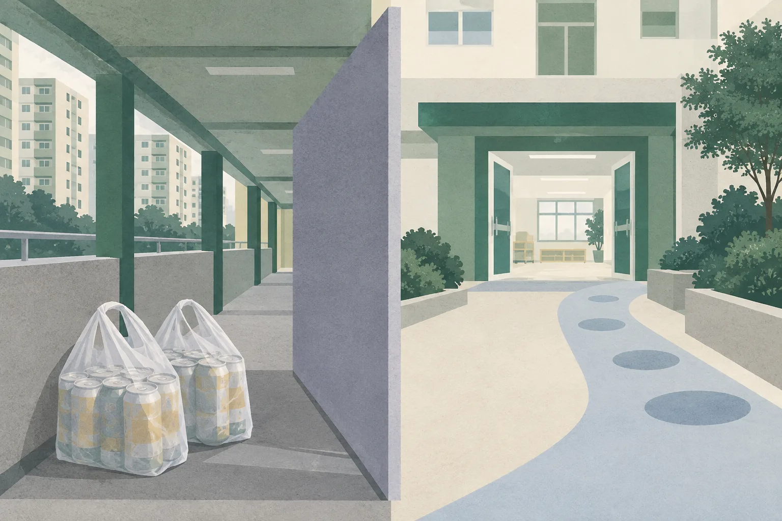 A flat cut-paper illustration of a residential estate walkway with two unbranded beer bags resting beside a privacy screen, while simple geometric support links lead toward an open institutional doorway.