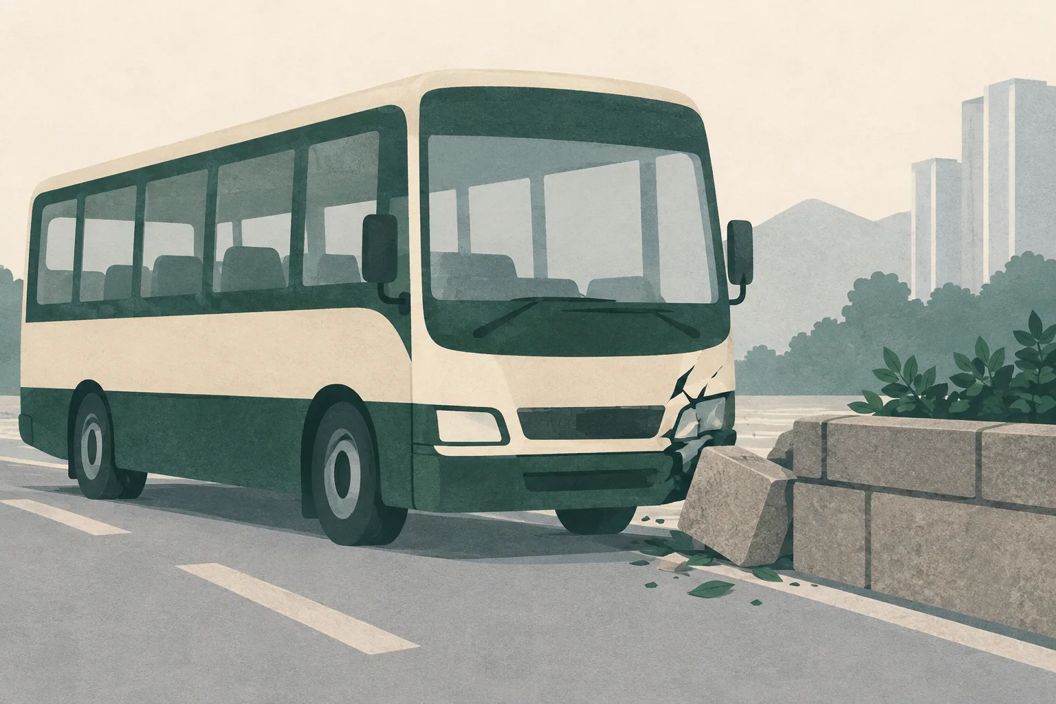 An empty simplified school bus with damage at its right-front side stands beside a slightly displaced stone barrier and a few green fragments on a quiet road edge.