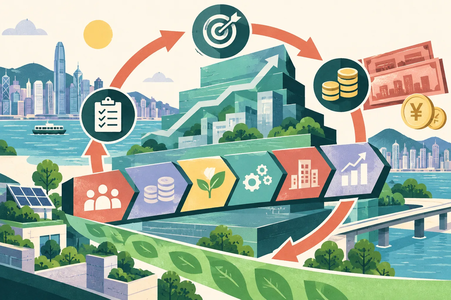 An abstract civic planning diagram with six connected panels, a stepped five-year pathway, a circular reporting loop, paired currency discs, bond-like bars and a restrained green transition strip.