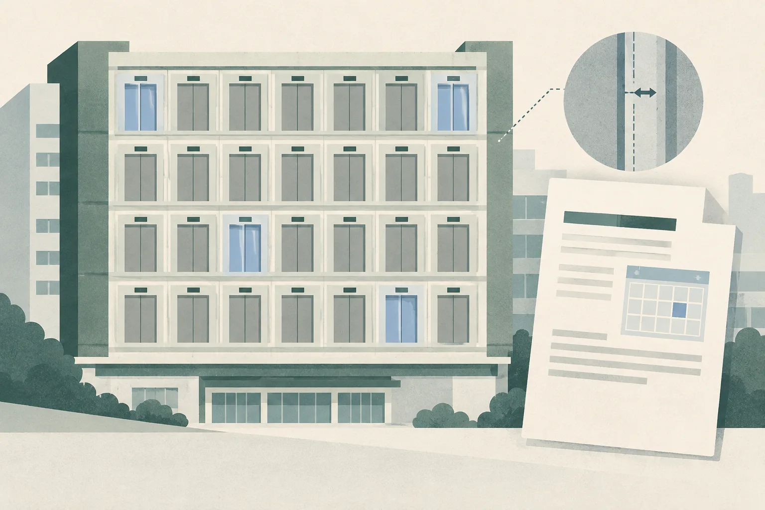 A schematic building facade contains an array of lift bays, with four softly marked apart from the rest. Beside it, a simple report sheet and a slight offset in two shaft-outline lines suggest an ongoing review.