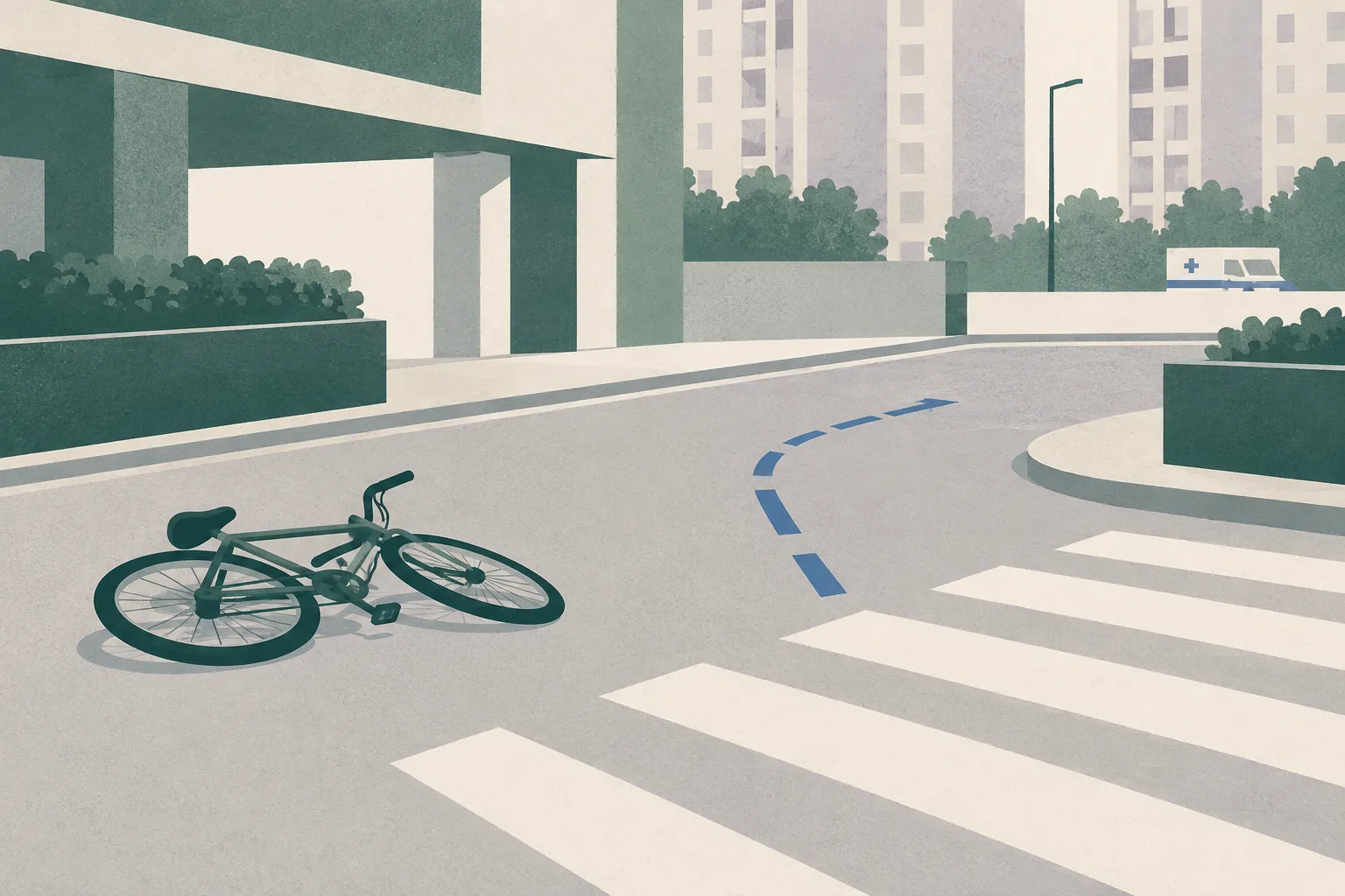 A subdued geometric view of a residential estate access road with an empty bicycle beside crossing stripes, an interrupted turn line and a small hospital-transfer colour block.