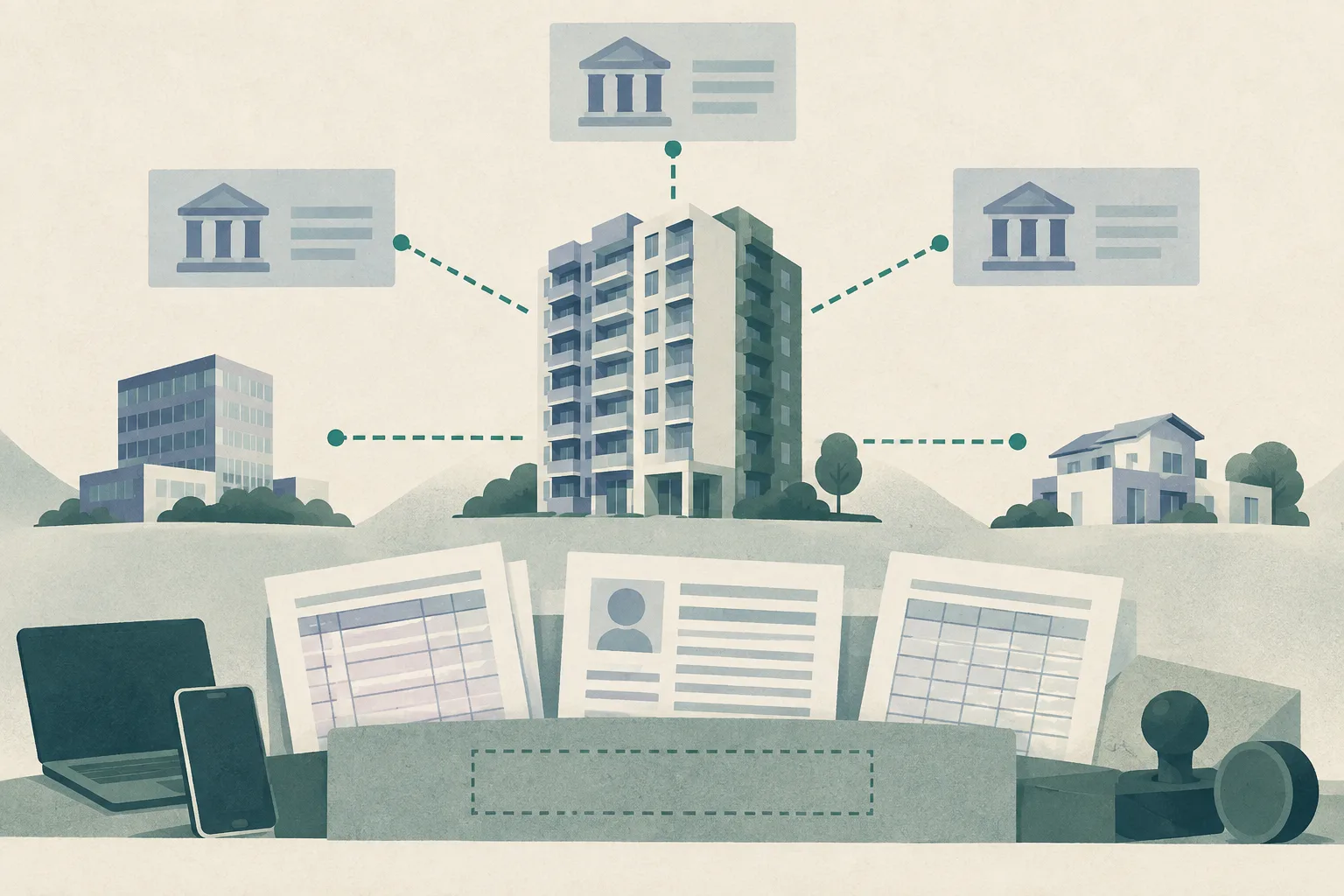 A restrained cut-paper diagram shows one simplified residential building linked by interrupted lines to three blank institutional panels, with partially obscured record sheets and small abstract office, home, device and seal shapes arranged around it.