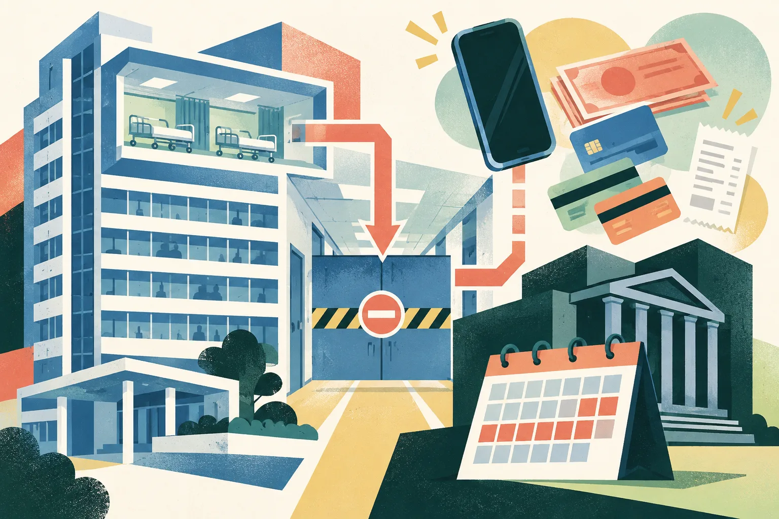 A cut-paper editorial diagram shows a simplified upper-level hospital ward connected to separated phone, cash and credit-card shapes, with a closed access boundary and a solid court block marked 28 months. Mineral blue, soft coral, muted ochre and dusty teal shapes sit on a lightly textured neutral}