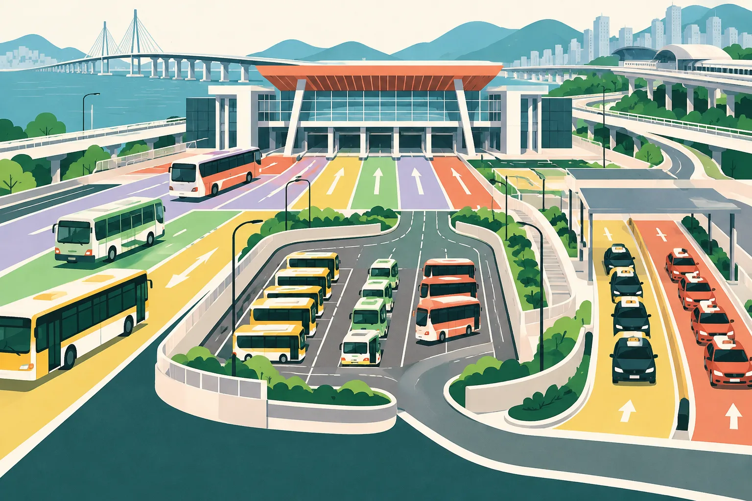 Flat cut-paper illustration of a new port gateway with colourful buses, minibuses and taxis moving through separate road lanes and a nearby holding buffer, with abstract station blocks and interchange forms connected by route lines.