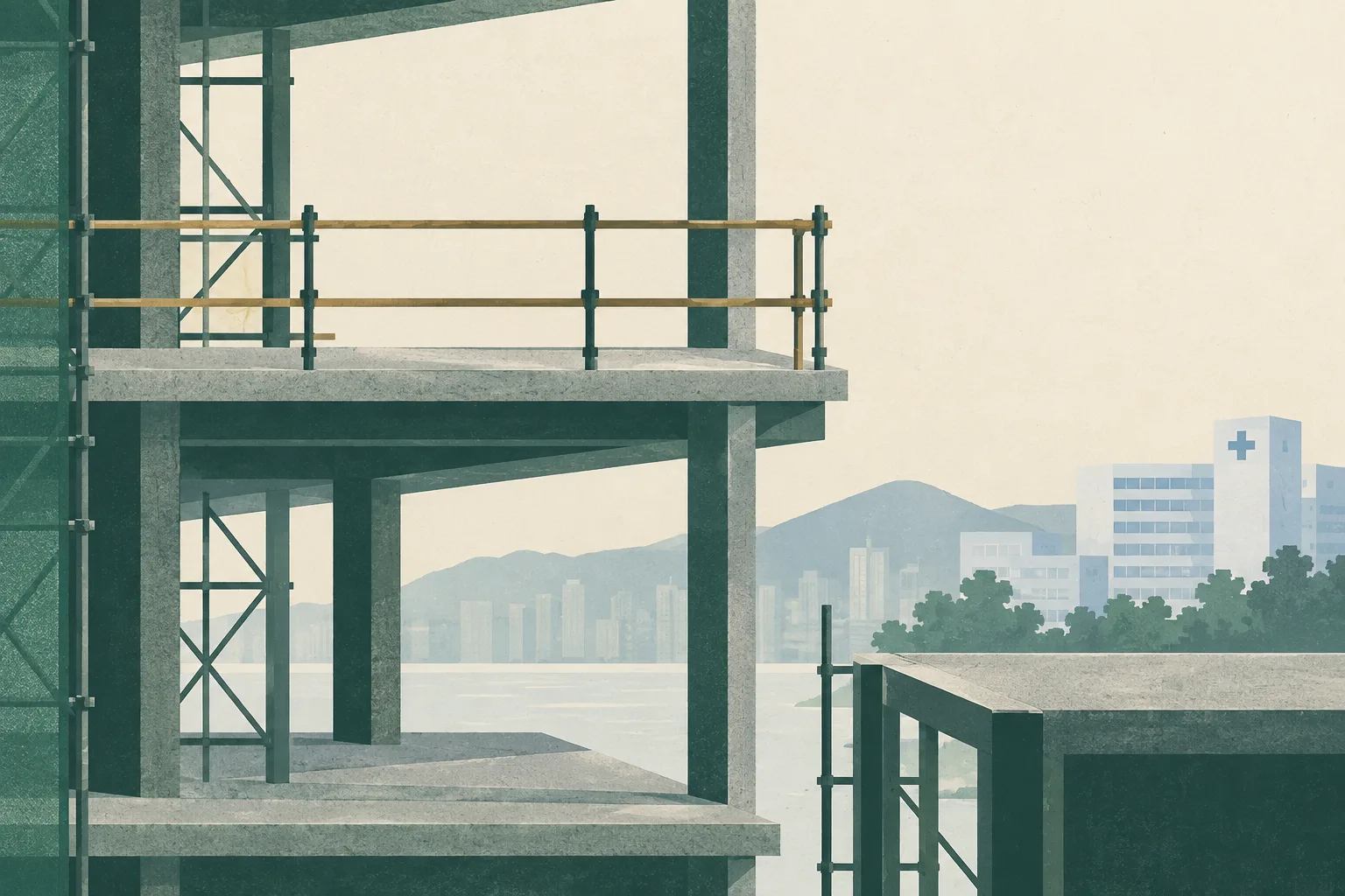 A quiet cut-paper illustration of an empty multi-level construction structure, with a guarded work platform, an interrupted vertical space, and a small hospital building in the distance.