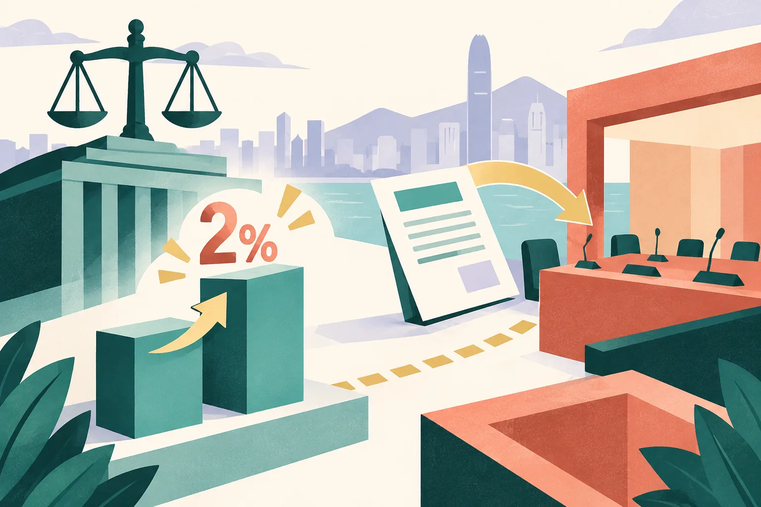 A two-step bar marked 2% sits between abstract civic forms, while a proposal sheet approaches an open committee frame. Teal, coral, ochre and pale blue shapes create a bright, balanced composition.
