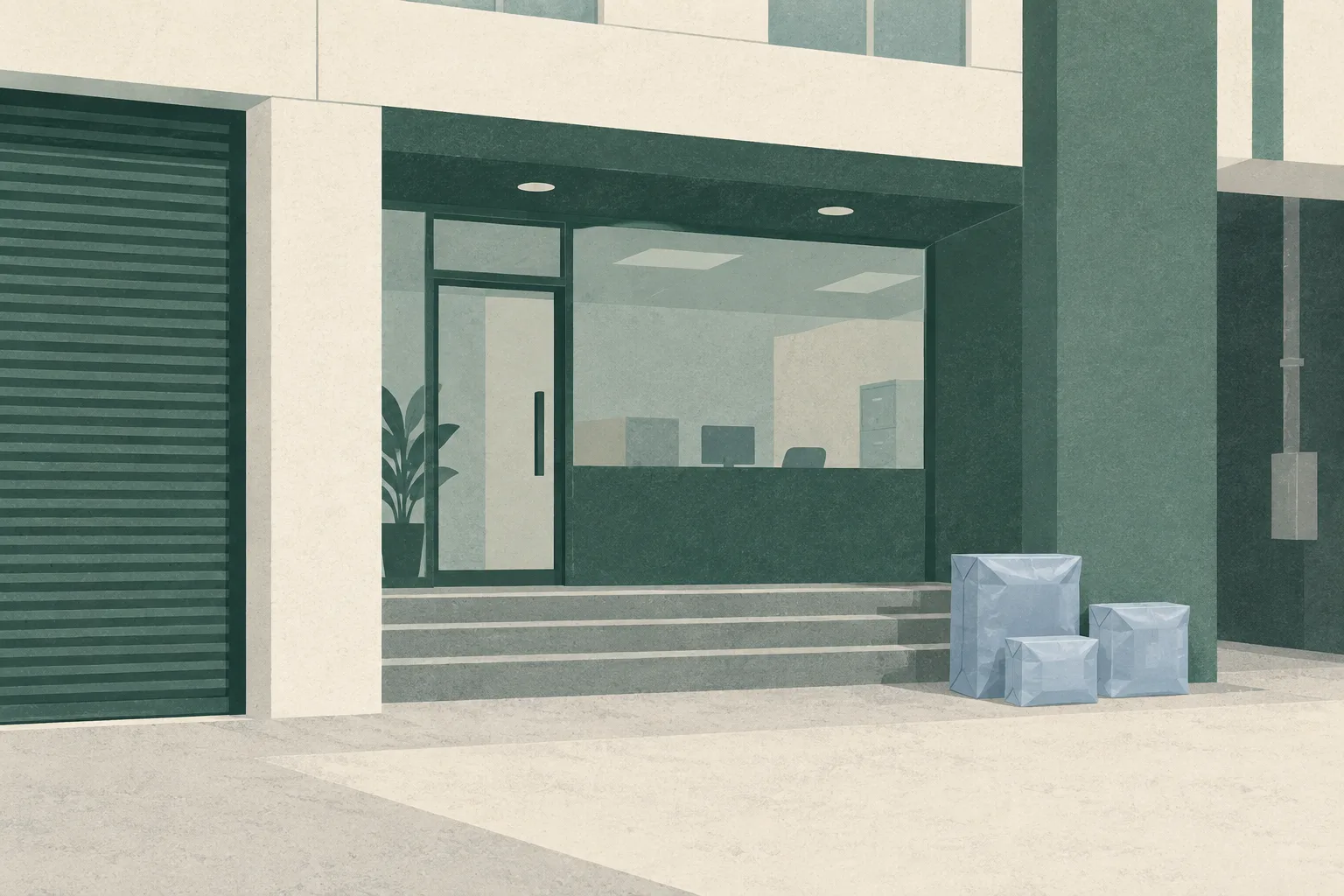 A simplified industrial building frontage with a recessed office bay and a few plain courier bags, arranged in muted blue and warm neutral paper shapes.