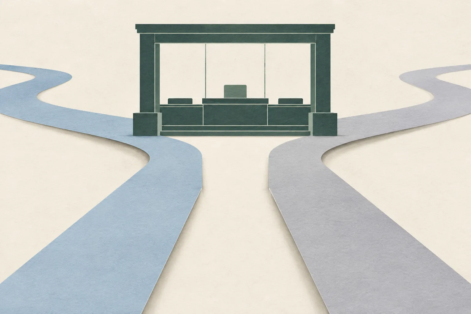 Two muted paper-like paths divide around an open gap and continue toward a simple, unmarked court-like frame.