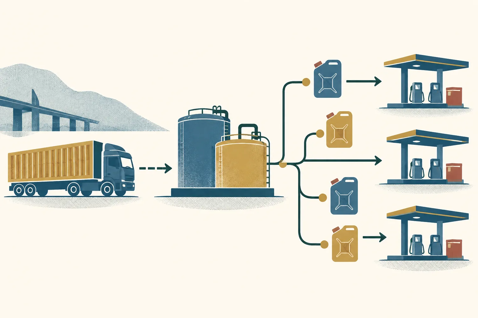 Generic fuel-container shapes sit among simple connected route nodes on a light cream background, with petrol-blue, ochre and small rust accents.